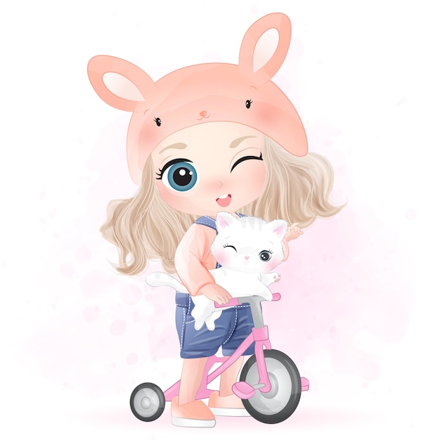 Vector hand drawn cute girl and kitty character