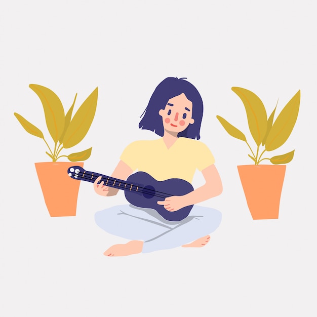 hand drawn cute girl play on ukulele