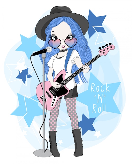 Hand drawn cute girl playing guitar