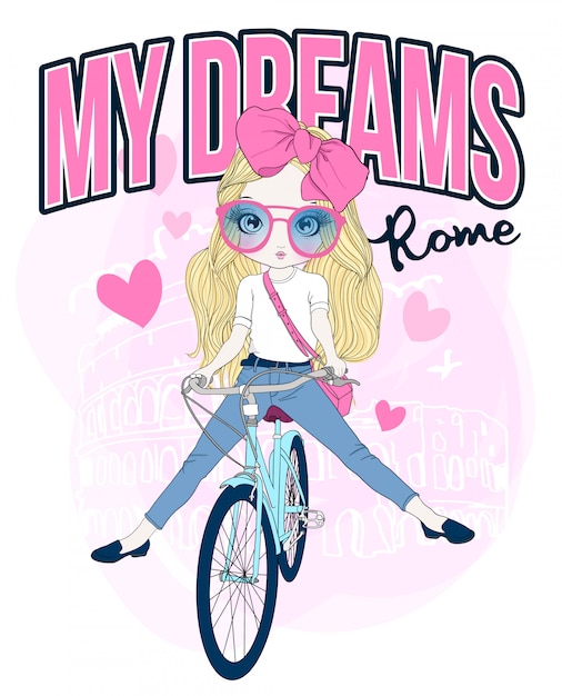 Hand drawn cute girl riding a bicycle