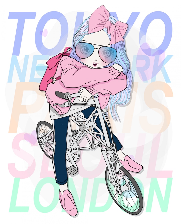 Vector 自転車に乗って手描きのかわいい女の子