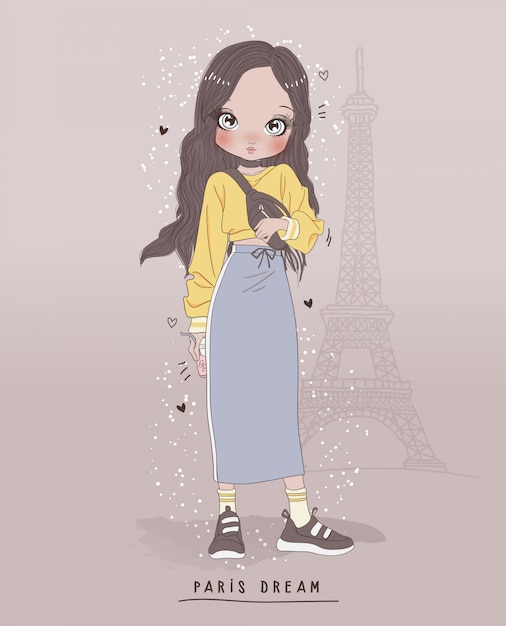 Vector hand drawn cute girl with background