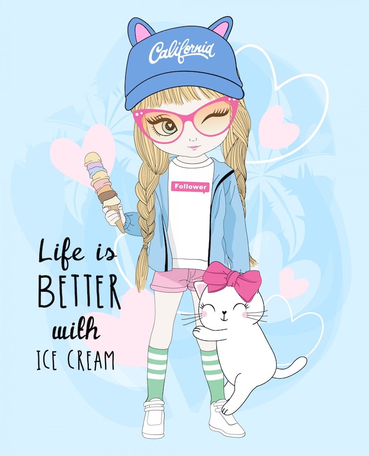 Vector hand drawn cute girl with cat