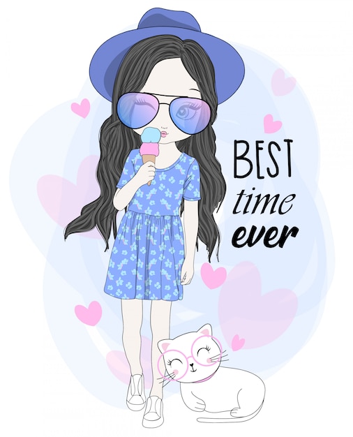 Vector hand drawn cute girl with cat