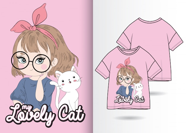 Вектор Нарисованная рукой милая девушка с иллюстрацией котенка с дизайном футболки