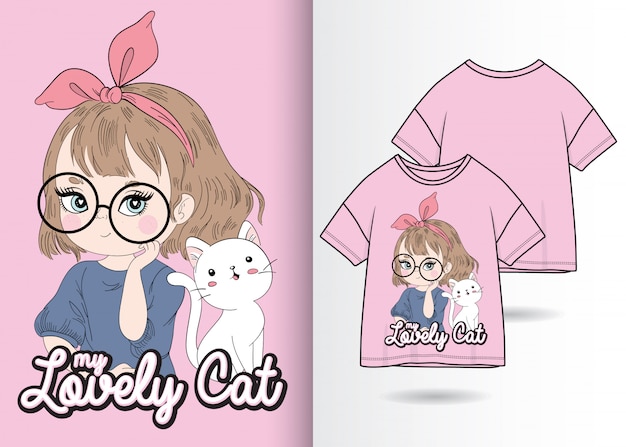 ベクトル tシャツデザインのキティイラストで手描きのかわいい女の子