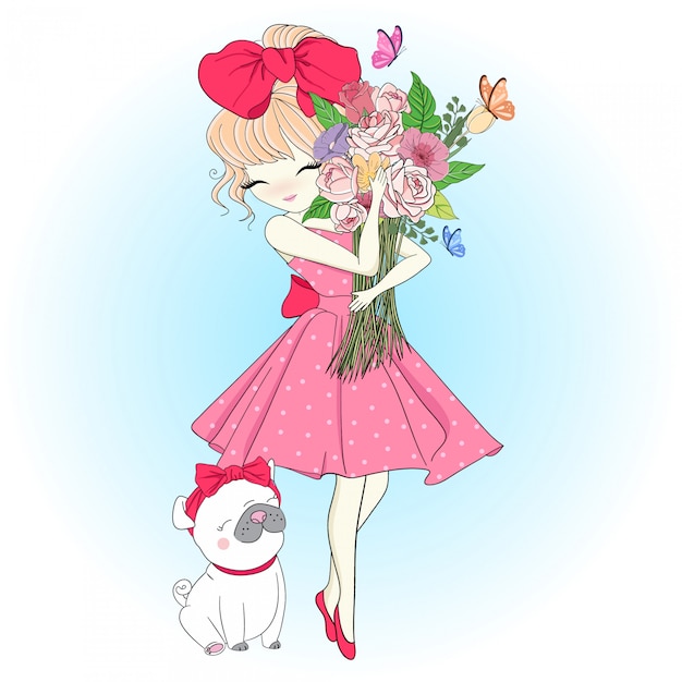 Ragazza carina disegnata a mano con pug