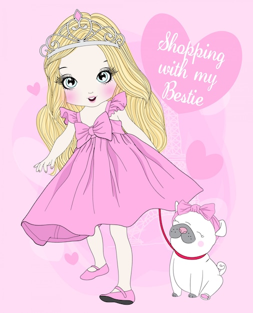 Vector hand drawn cute girl with pug