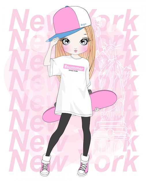 Vector hand drawn cute girl with skateboard