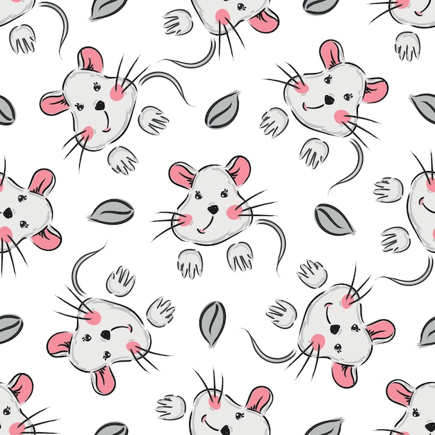 Hand drawn cute gray mouse and flowers pattern seamless illustration stock Children print trend