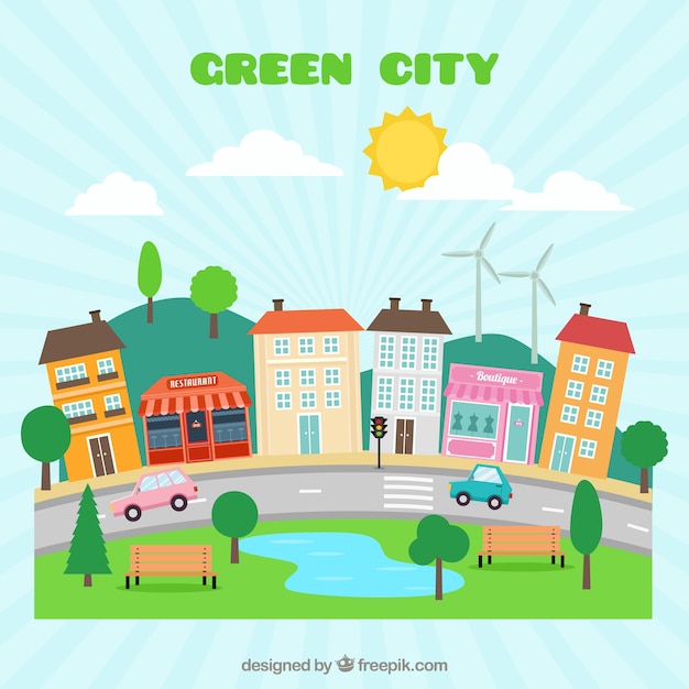 Hand drawn cute green city