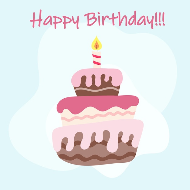 Нарисованная вручную милая открытка с днем рождения с тортом и свечой  векторная иллюстрация поздравительной открытки | Премиум векторы