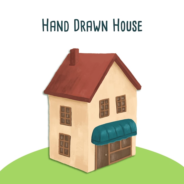 Hand drawn cute house illustration with red roof