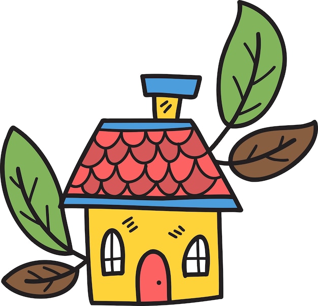 Hand Drawn cute house and leaves illustration