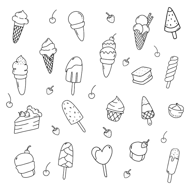 Variazione di gelato carina disegnata a mano con stile doodle