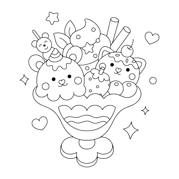 Vector hand drawn cute kawaii dessert ice cream coloring book vector illustration