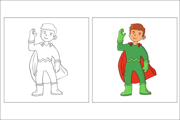 Vector hand drawn cute kid in halloween costume coloring page 6