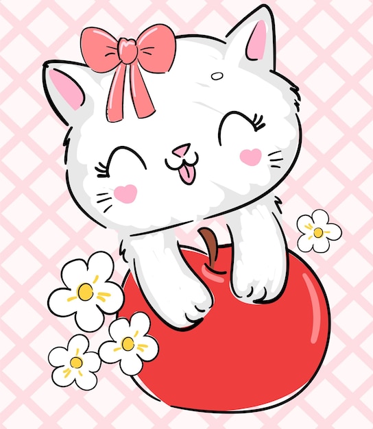 Hand Drawn Cute Kitty Cat with pink bow and apple illustration vector design sketch children print