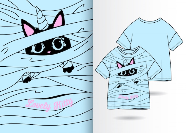 Illustrazione di gattino carino disegnato a mano con design t-shirt