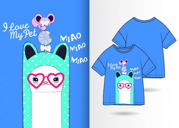 Hand drawn cute kitty illustration with t shirt design