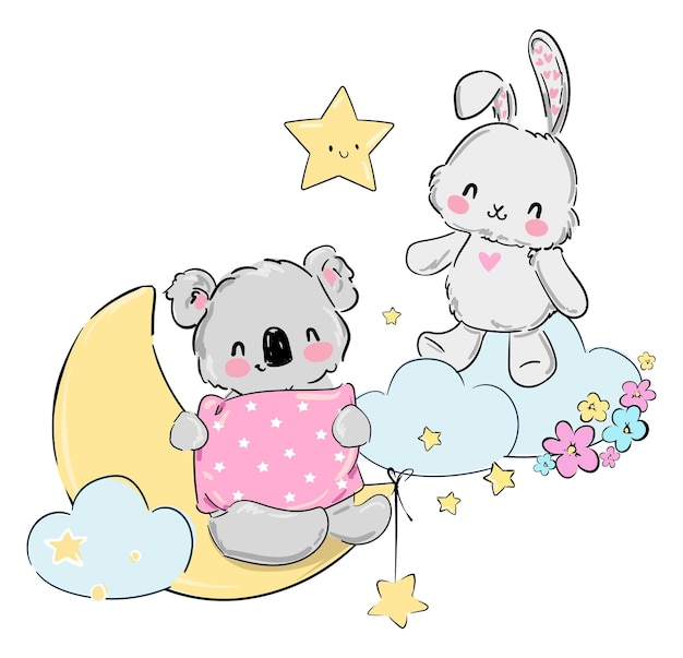 아기 잠옷 직물 벡터 일러스트레이션을 위한 달 인쇄 디자인에 손으로 그린 귀여운 코알라와 토끼