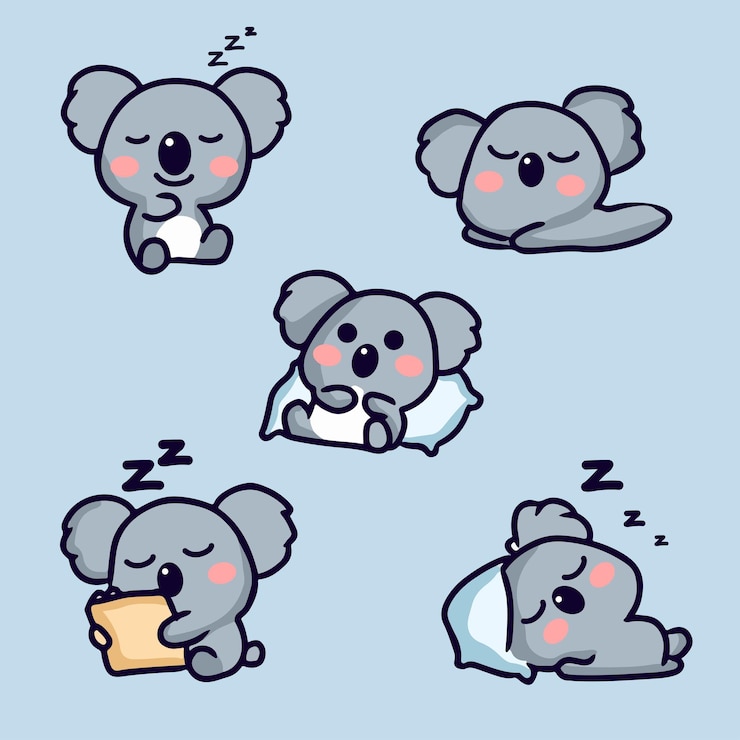Vector hand drawn cute koala sleep at pillow vector character set for elements design