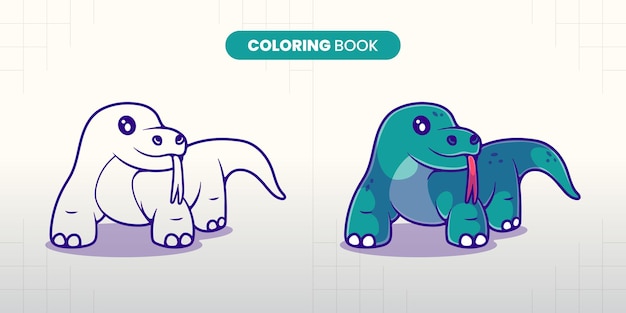 Libro da colorare dell'illustrazione del drago di komodo carino disegnato a mano che i bambini devono compilare