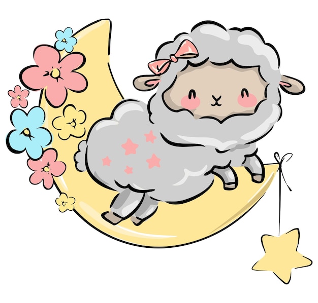 Hand drawn cute lamb on the moon Print design for baby textiles Vector illustration