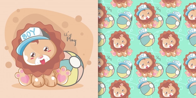hand drawn cute lion seamless pattern and card