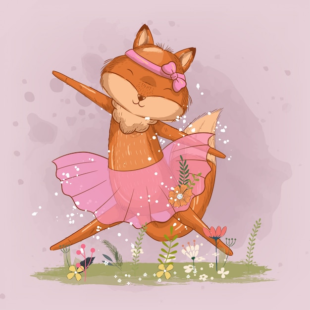 Hand drawn cute little fox ballerina illustration for kids
