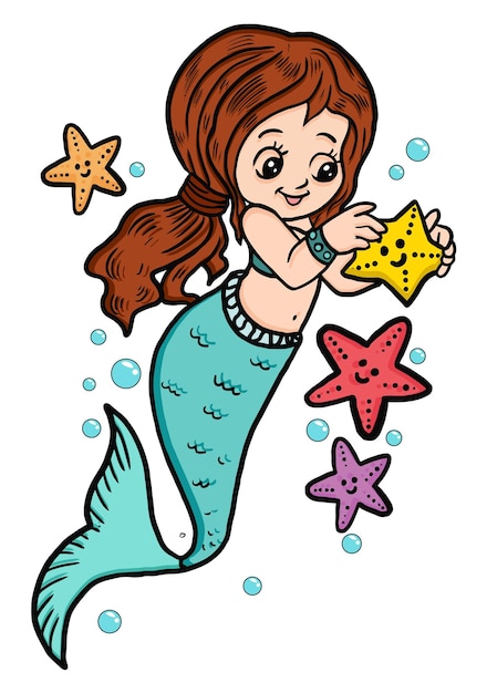 Hand Drawn Cute Little Mermaid Vector Illustration