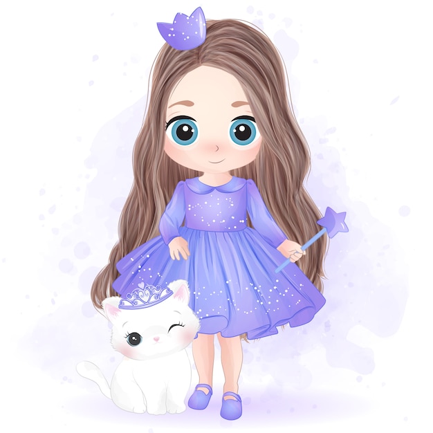 Hand drawn cute little princess and kitty character