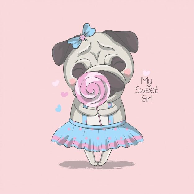 Hand drawn cute little pug with sweet candy illustration