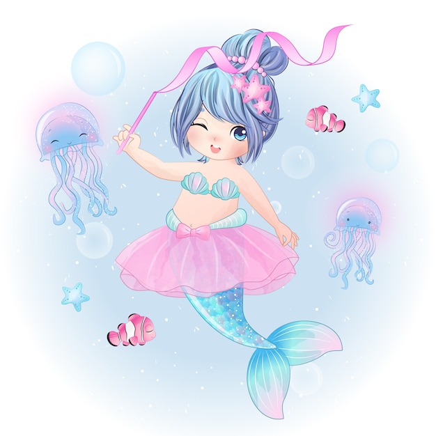 Vector hand drawn cute mermaid ballerina