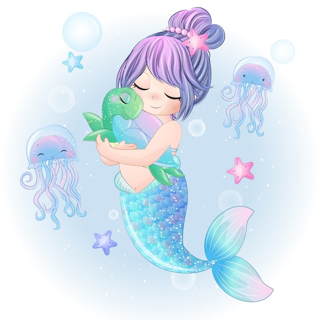 手描きかわいい人魚キャラクター