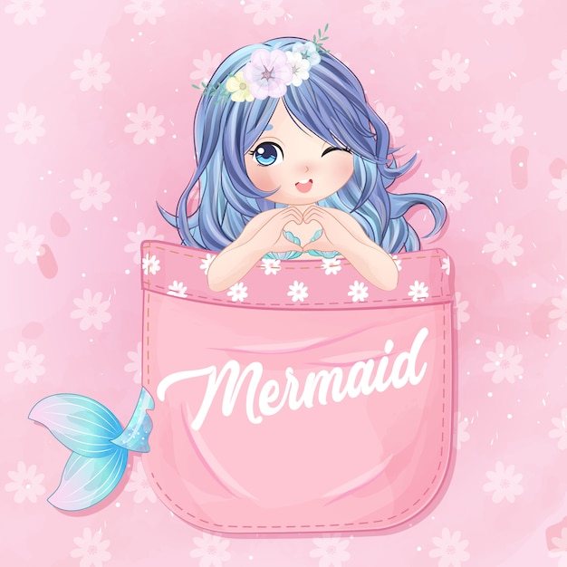 Vector hand drawn cute mermaid sitting inside the pocket