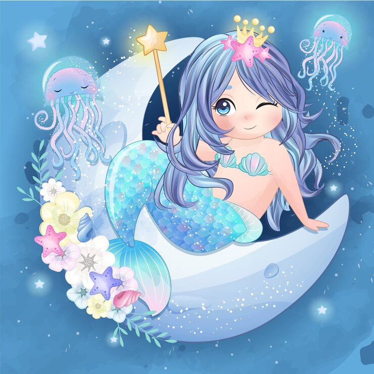 Hand drawn cute mermaid sitting in the moon