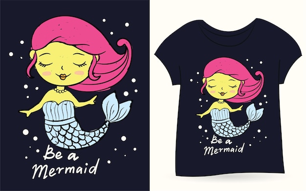 Hand drawn cute mermaid for t shirt