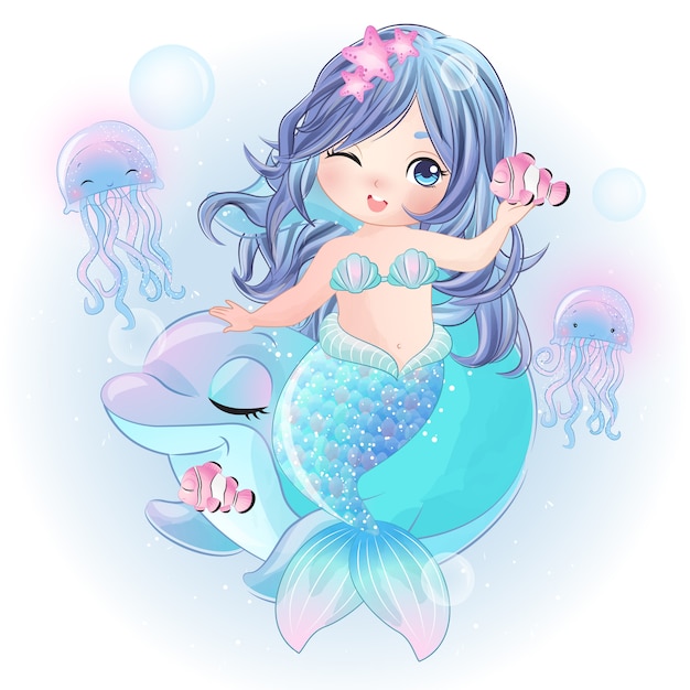 Vector hand drawn cute mermaid with dolphin