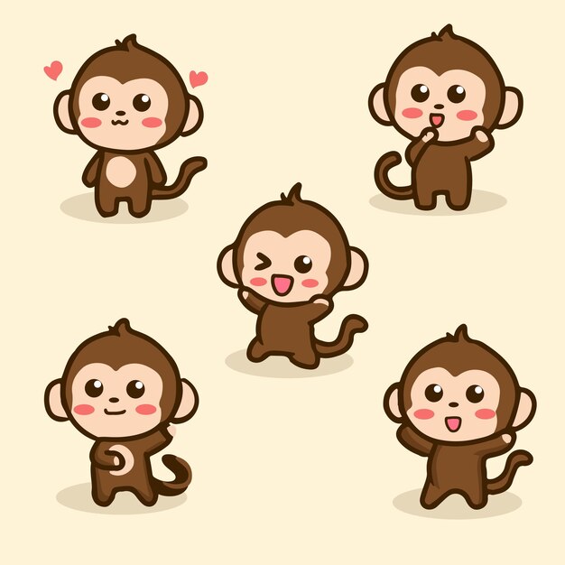 Vector hand drawn cute monkey cartoon character set
