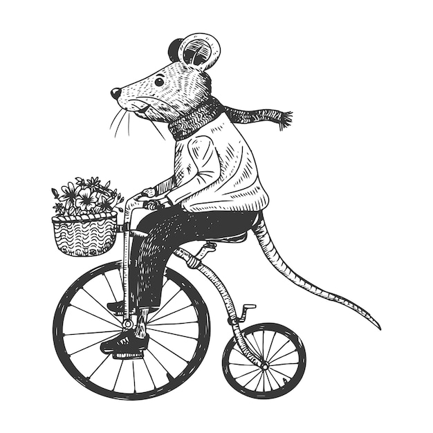 Bicicletta di guida del mouse carino disegnato a mano