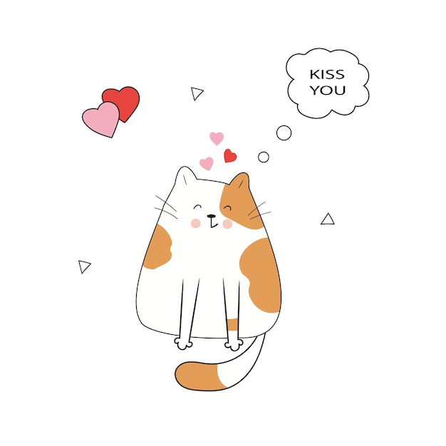 Vettore gatto arancione carino disegnato a mano con cuori e scritte baciarti illustrazione del doodle vettoriale