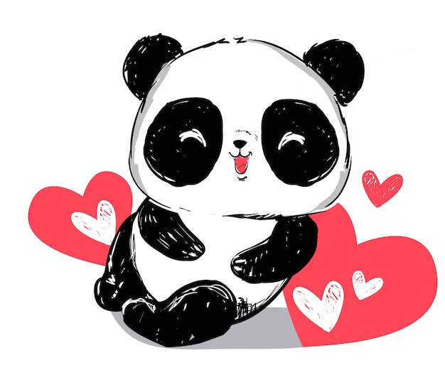 Hand drawn cute panda bear and red heart isolated.