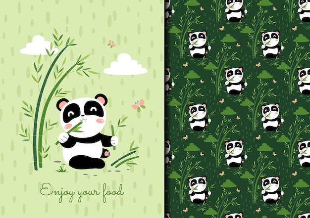 Hand drawn cute panda enjoy your food seamless pattern