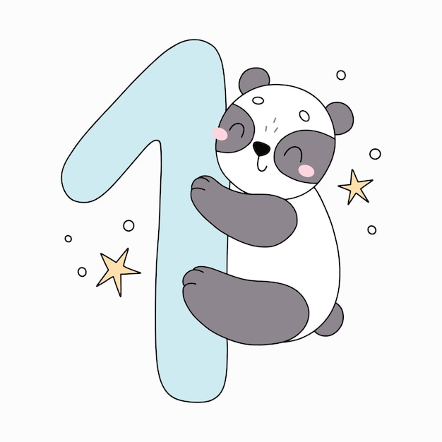 Vector hand drawn cute panda and number 1 nursery illustration