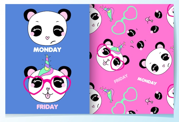 Vector hand drawn cute panda pattern set