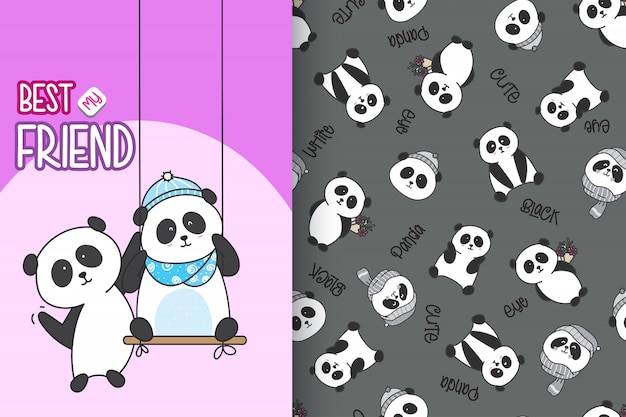 Hand drawn cute panda with pattern vector set