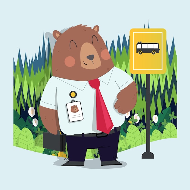 Hand drawn cute papa bear go to work waiting for the bus with forest background