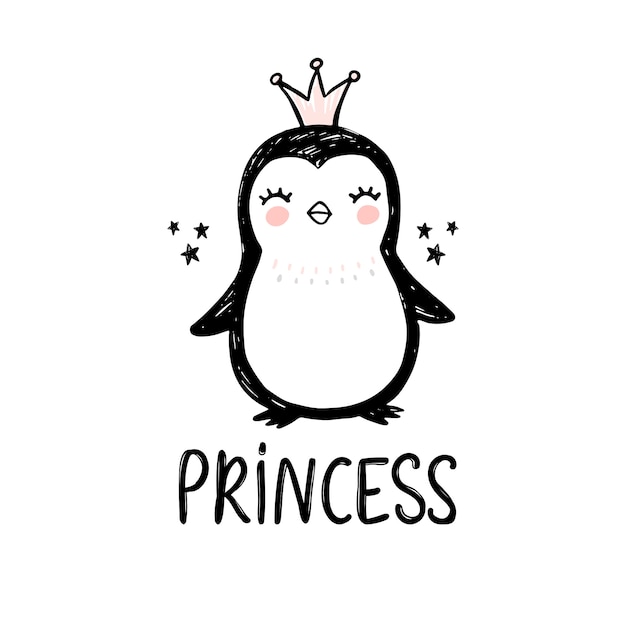 Hand drawn cute penguin princess wth crown isolated on white