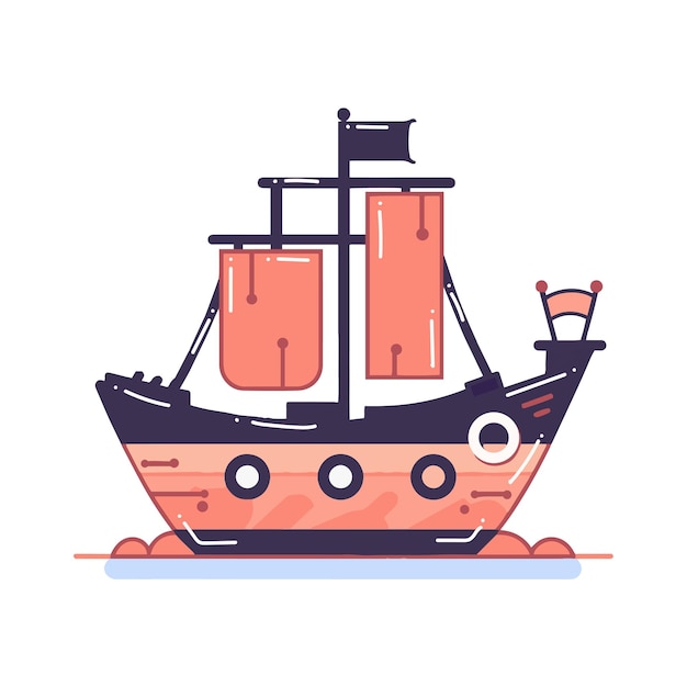 Hand drawn cute pirate ship in flat style